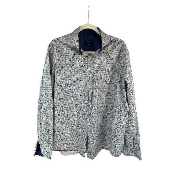 Bugatchi Mens Shaped Fit Long Sleeve Button-Up Shirt Blue White Geometric Print - Picture 2 of 8